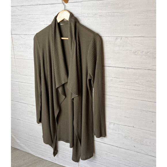 Knox Rose Cardigan Womens Size Large Olive Green Waffle Knit Open Lightweight - Picture 4 of 16